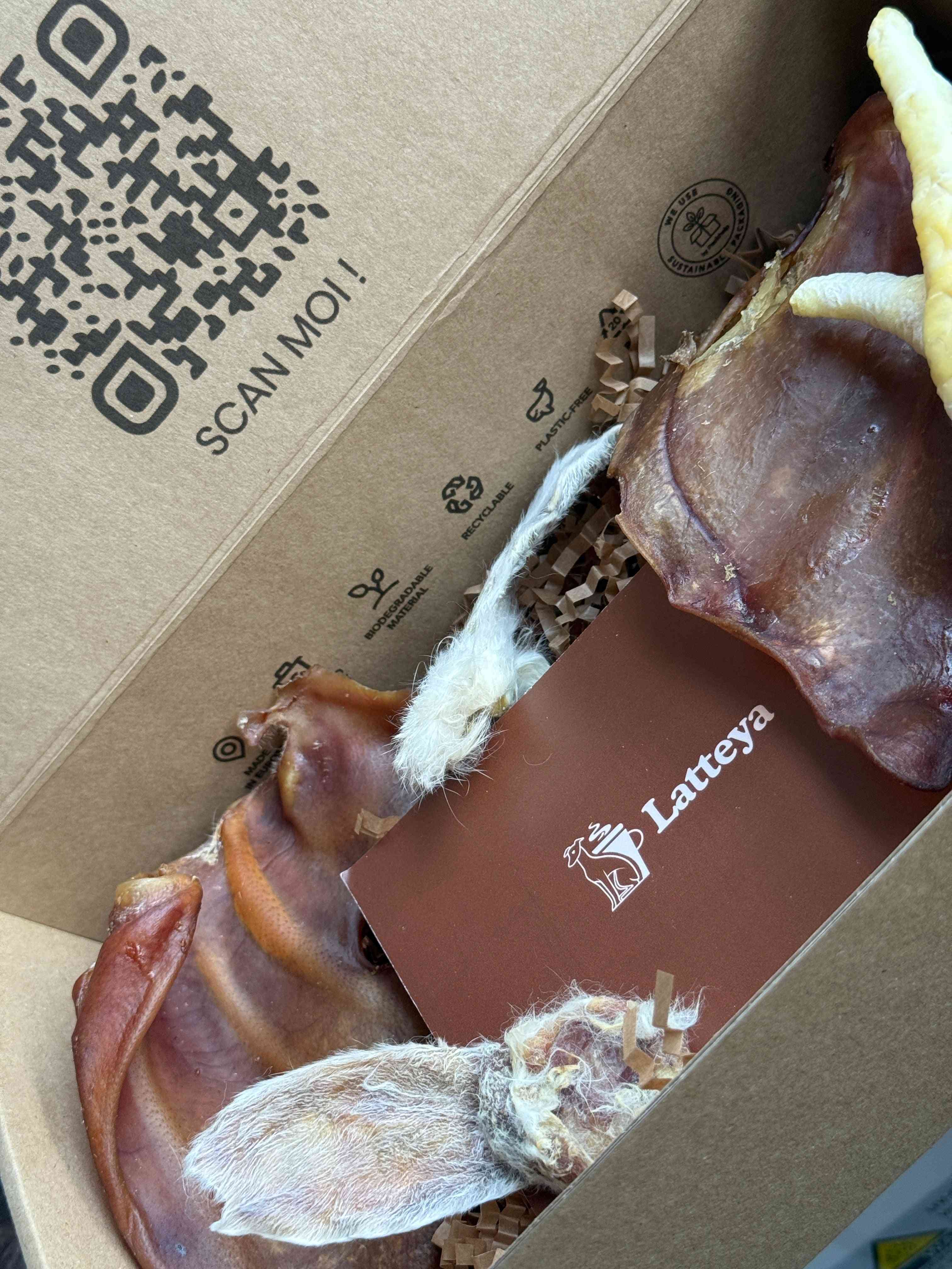 Coffret Mastications - 100% Naturel pour chien, boîte en carton décorée avec logo Latteya, idéale pour la santé bucco-dentaire canine.