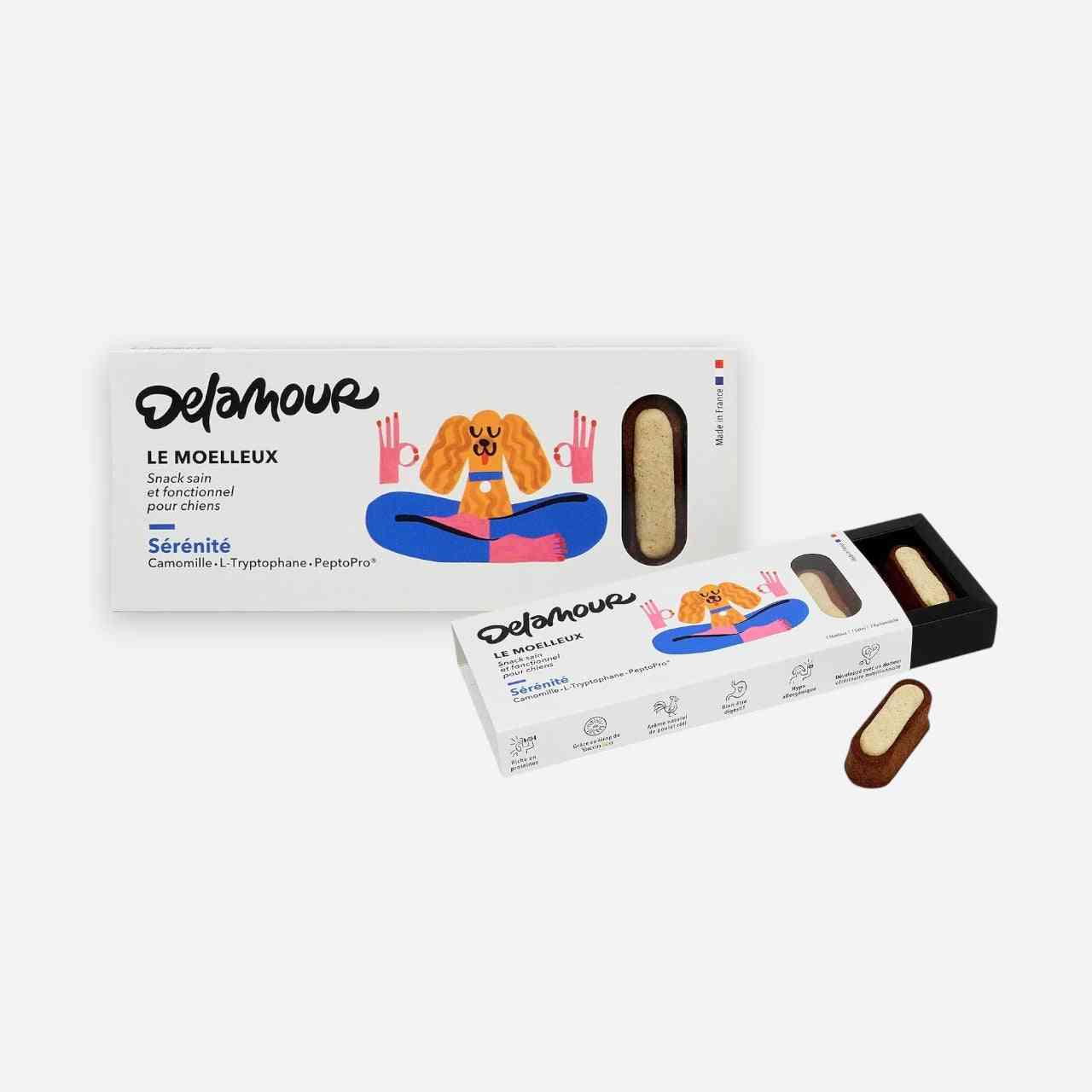 7 Moelleux Sérénité - Chien Apaisement Delamour, friandises naturelles pour chien à la camomille et tryptophane pour réduire le stress.