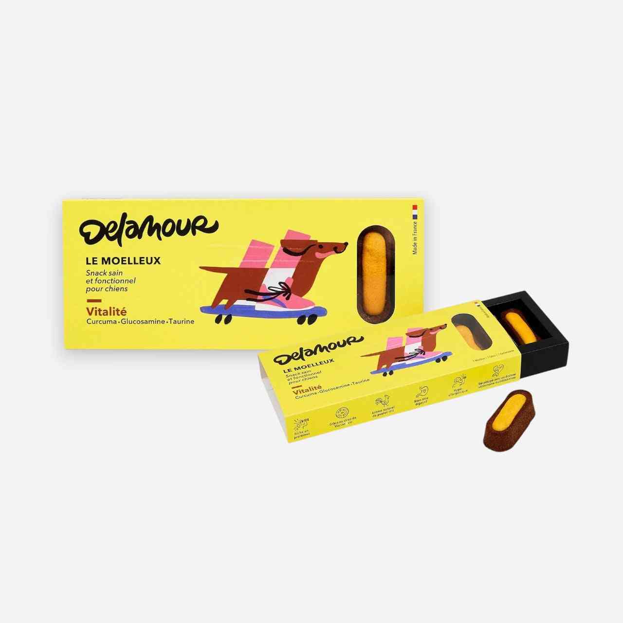 7 Moelleux Vitalité - Recette Chien Moelleux Delamour, friandises molles enrichies en curcuma, glucosamine et taurine pour chiens actifs.
