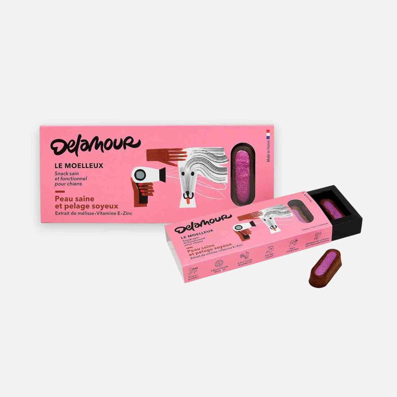 Pelage Sain Moelleux Chien - 7 Moelleux Peau | Delamour, friandises pour chien enrichies en vitamine E et zinc pour un pelage soyeux et sain.