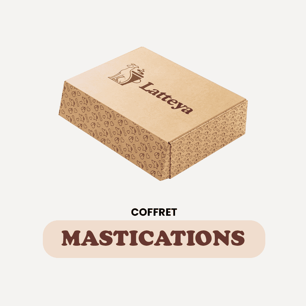 Coffret Mastications - 100% Naturel pour chien, boîte en carton décorée avec logo Latteya, idéale pour la santé bucco-dentaire canine.